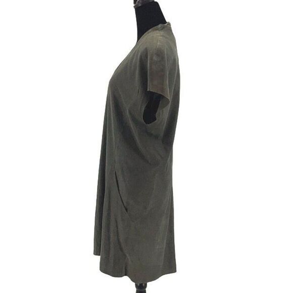 Schai Womens Goat Suede Leather Exposed Back Zip Cap Sleeve Shift Dress Green/Gr - Picture 4 of 11